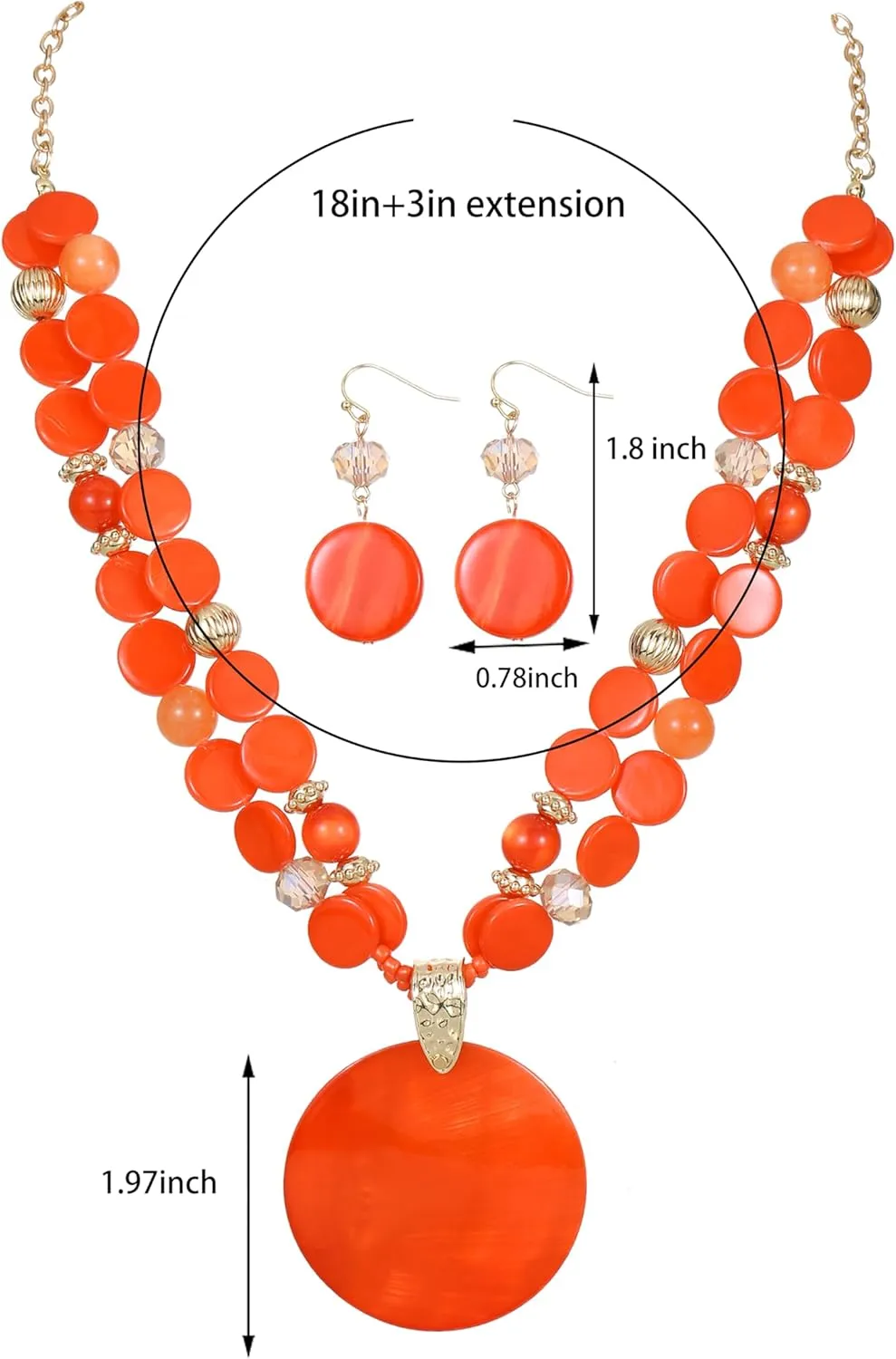 Layered Beads Statement Fashion Necklace Chunky Jewelry Set Big Colorful Glass Stone Circle Shell Pendant Choker Necklace and Earring Set for Women