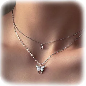 Layered Butterfly Necklace for Women Dainty Rhinestone Butterfly Pendant Necklace Bling Bling Shiny Crystal Choker Necklace Jewelry