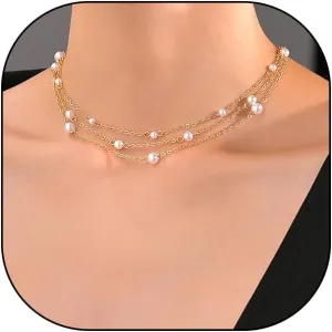 Layered Pearl Choker Necklace for Women,14K Gold Multi Strands Pearls Beaded Collarbone Necklace Thin Chain Clavicle Necklace Accessories Gifts