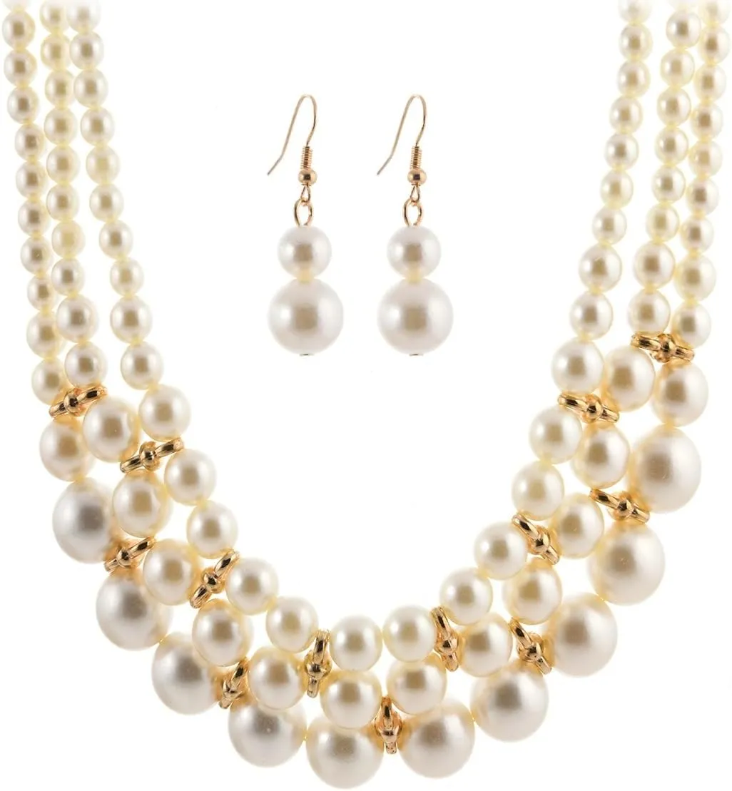 Layered Pearl Strand Necklace Dangle Drop Earrings Statement Jewelry Set for Women Vintage Elegant Chunky White Pearls Beaded Choker Adjustable Collar Wedding Party Prom Jewelry Bride Bridesmaid Costume