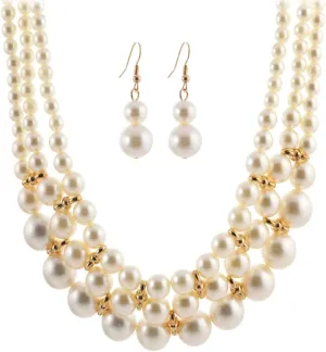 Layered Pearl Strand Necklace Dangle Drop Earrings Statement Jewelry Set for Women Vintage Elegant Chunky White Pearls Beaded Choker Adjustable Collar Wedding Party Prom Jewelry Bride Bridesmaid Costume