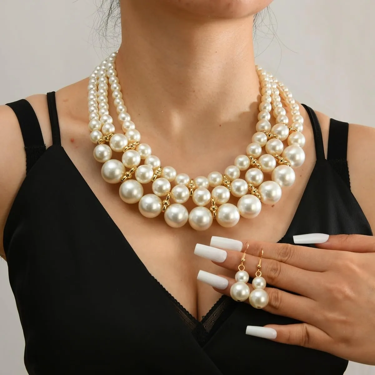 Layered Pearl Strand Necklace Dangle Drop Earrings Statement Jewelry Set for Women Vintage Elegant Chunky White Pearls Beaded Choker Adjustable Collar Wedding Party Prom Jewelry Bride Bridesmaid Costume