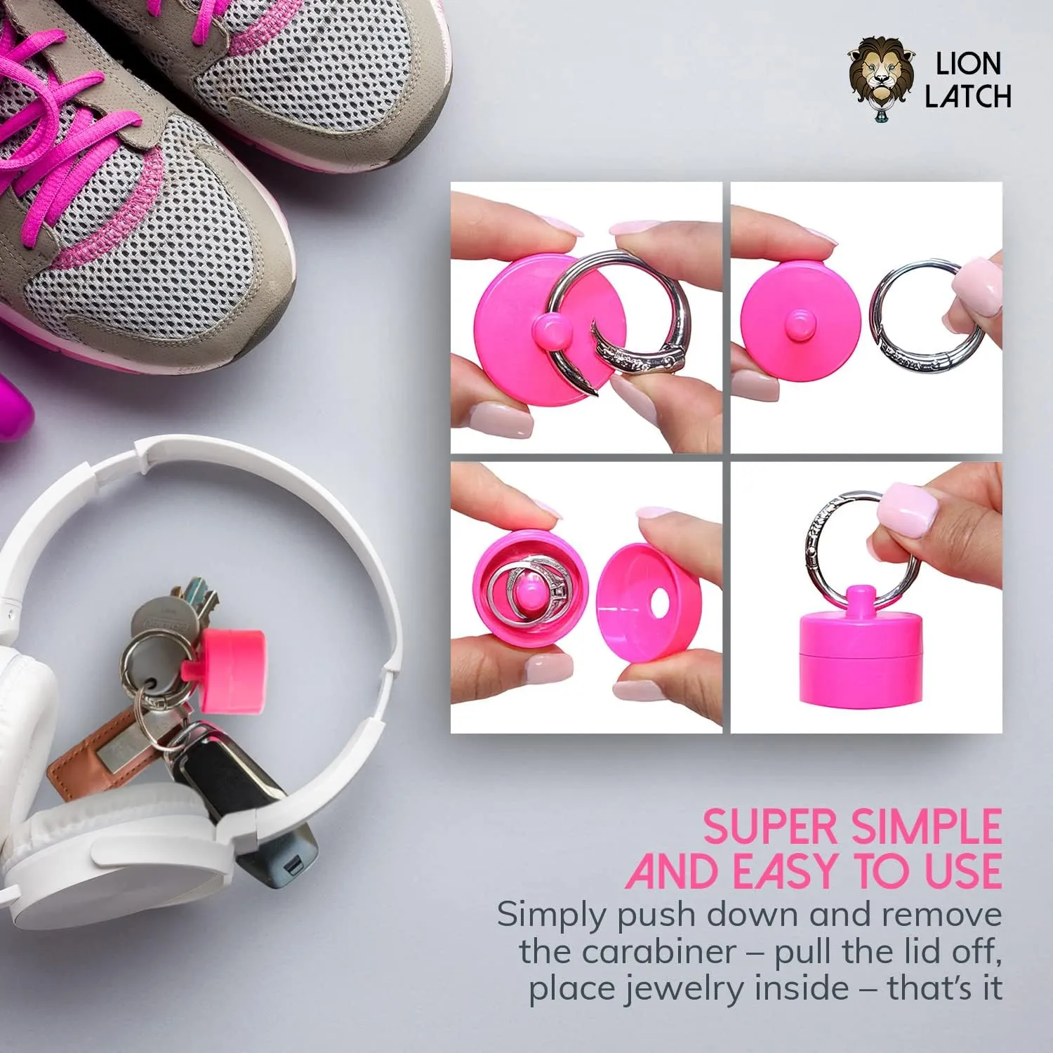 Lion Latch Travel Jewelry Box Case, Ring Holder on Shark Tank - Ring Holder for Women Girls with Keychain, Small Jewelry Organizer Boxes, Portable Ring Keeper Key Chain, Jewelry Storage Case
