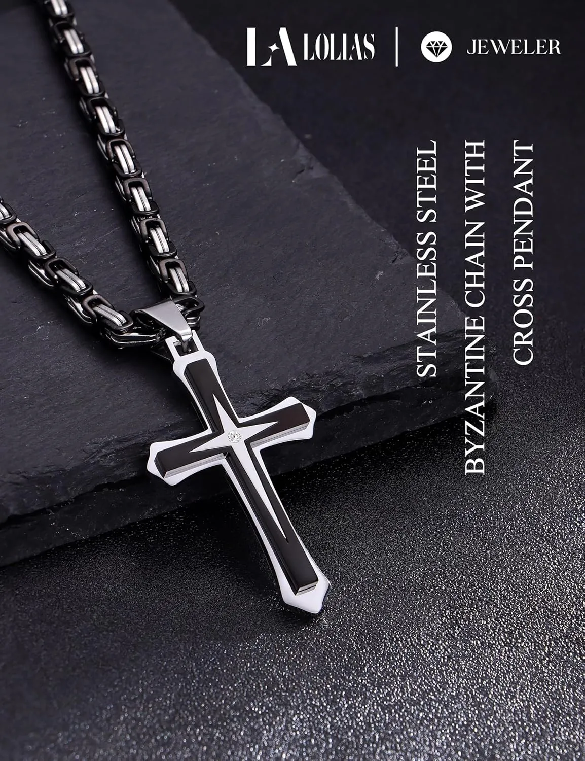 LOLIAS Black Gold   for Men Stainless Steel  Chain With Cross Pendant Necklace   22-30Inch