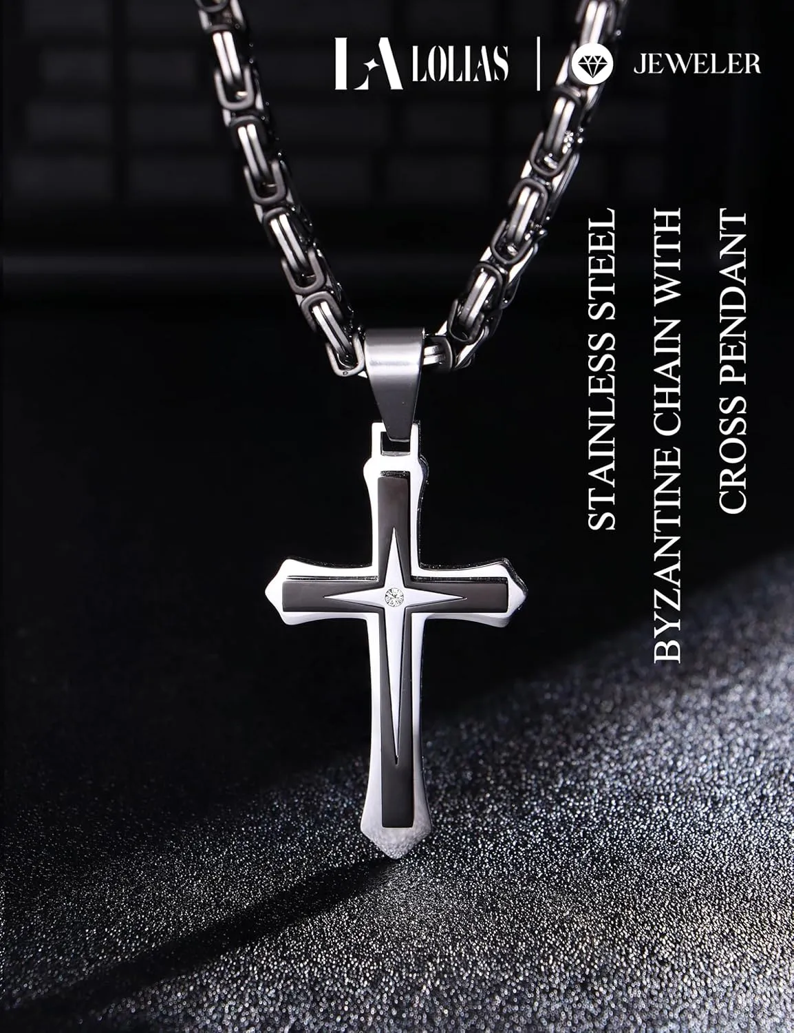 LOLIAS Black Gold   for Men Stainless Steel  Chain With Cross Pendant Necklace   22-30Inch