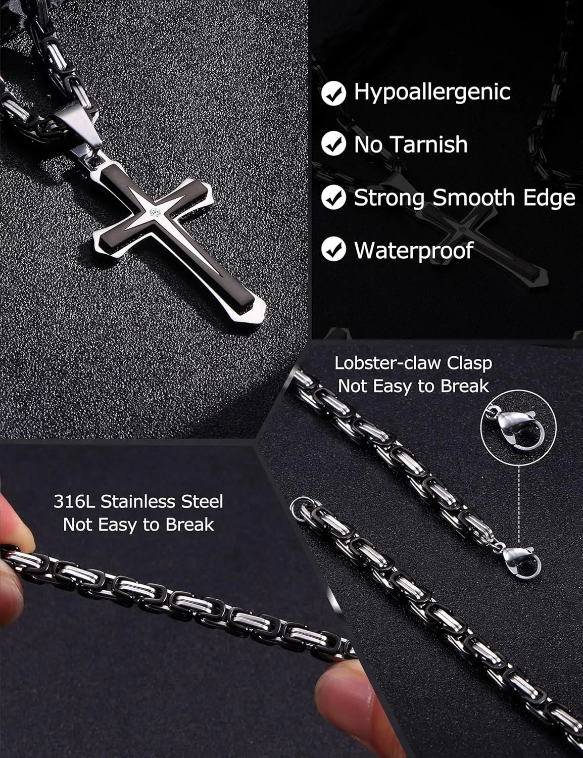 LOLIAS Black Gold   for Men Stainless Steel  Chain With Cross Pendant Necklace   22-30Inch