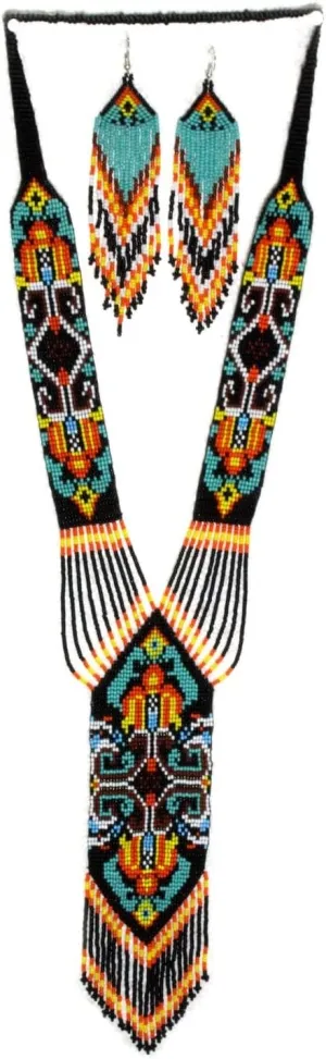 Long Beaded Necklace  Boho Native Handmade Seed Bead Tassel Necklace, Bohemian Large Statement Beaded Necklace for Women