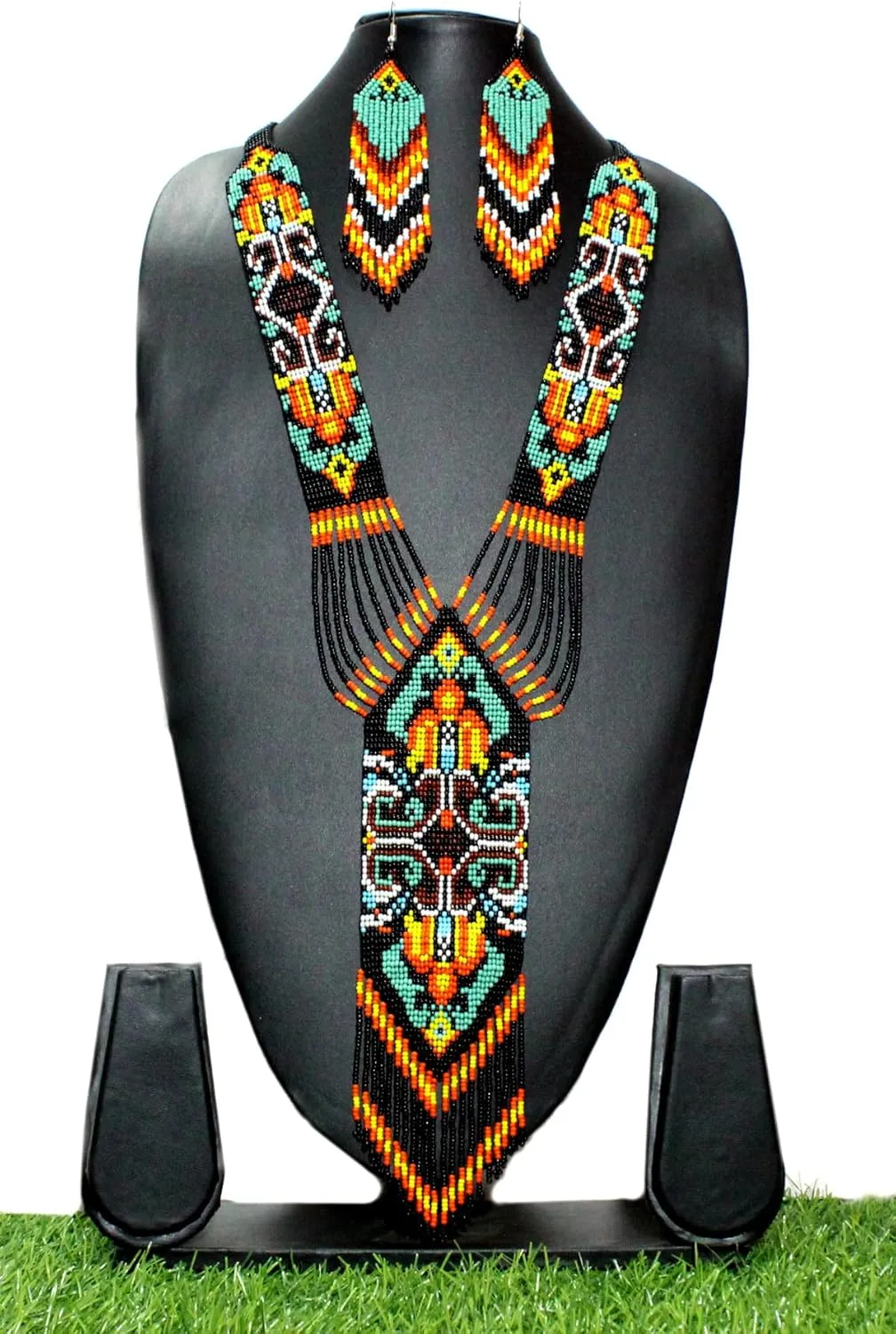 Long Beaded Necklace  Boho Native Handmade Seed Bead Tassel Necklace, Bohemian Large Statement Beaded Necklace for Women