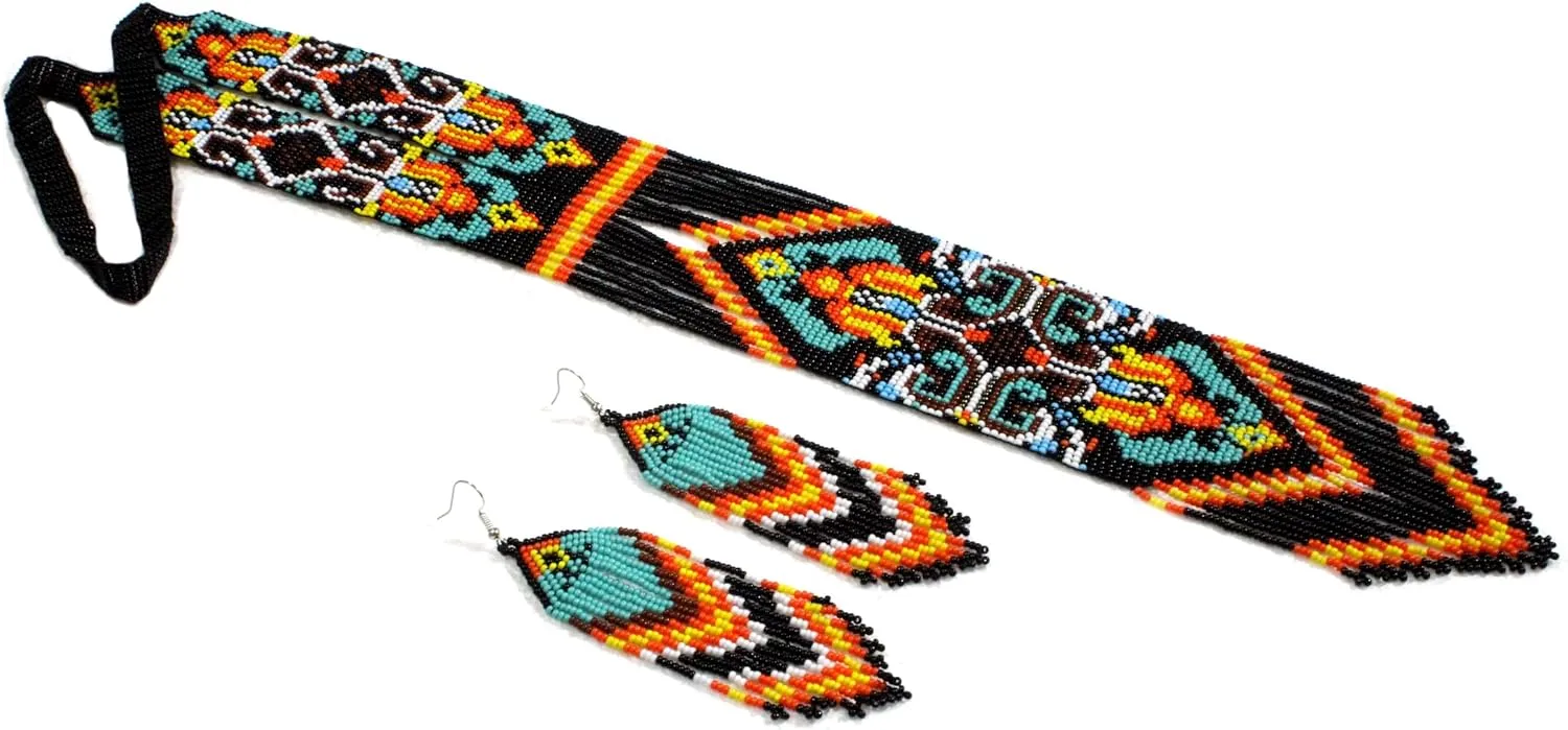 Long Beaded Necklace  Boho Native Handmade Seed Bead Tassel Necklace, Bohemian Large Statement Beaded Necklace for Women