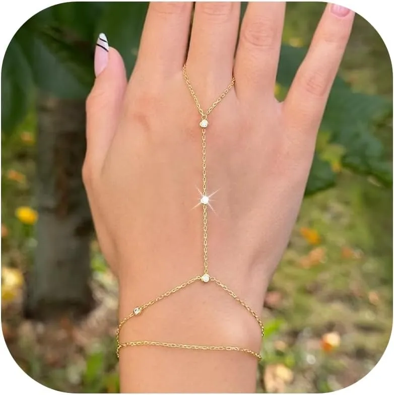 Long tiantian Hand Chain for Women Ring Bracelet Hand Chain Dainty Gold Finger Ring Slave Bracelet Zircon Hands Jewelry Gifts Trendy Stuff 2025