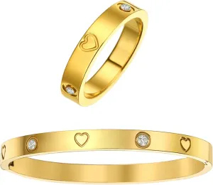 Love Friendship Gold Rings Bracelets for Women 18K Gold Plated Cubic Zirconia Stainless Steel Bangle Jewelry Set Gifts Ring Size 6-10