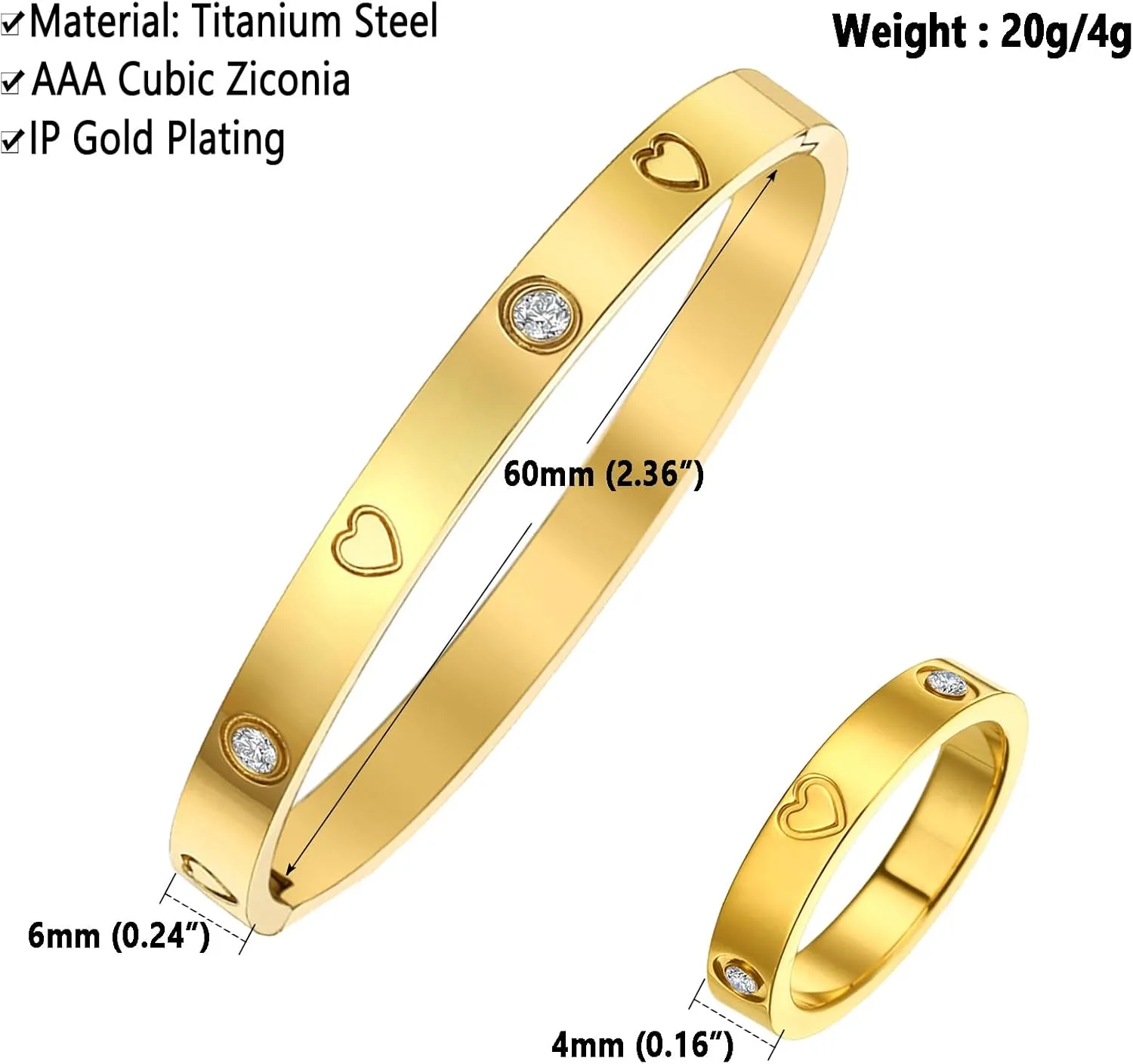 Love Friendship Gold Rings Bracelets for Women 18K Gold Plated Cubic Zirconia Stainless Steel Bangle Jewelry Set Gifts Ring Size 6-10