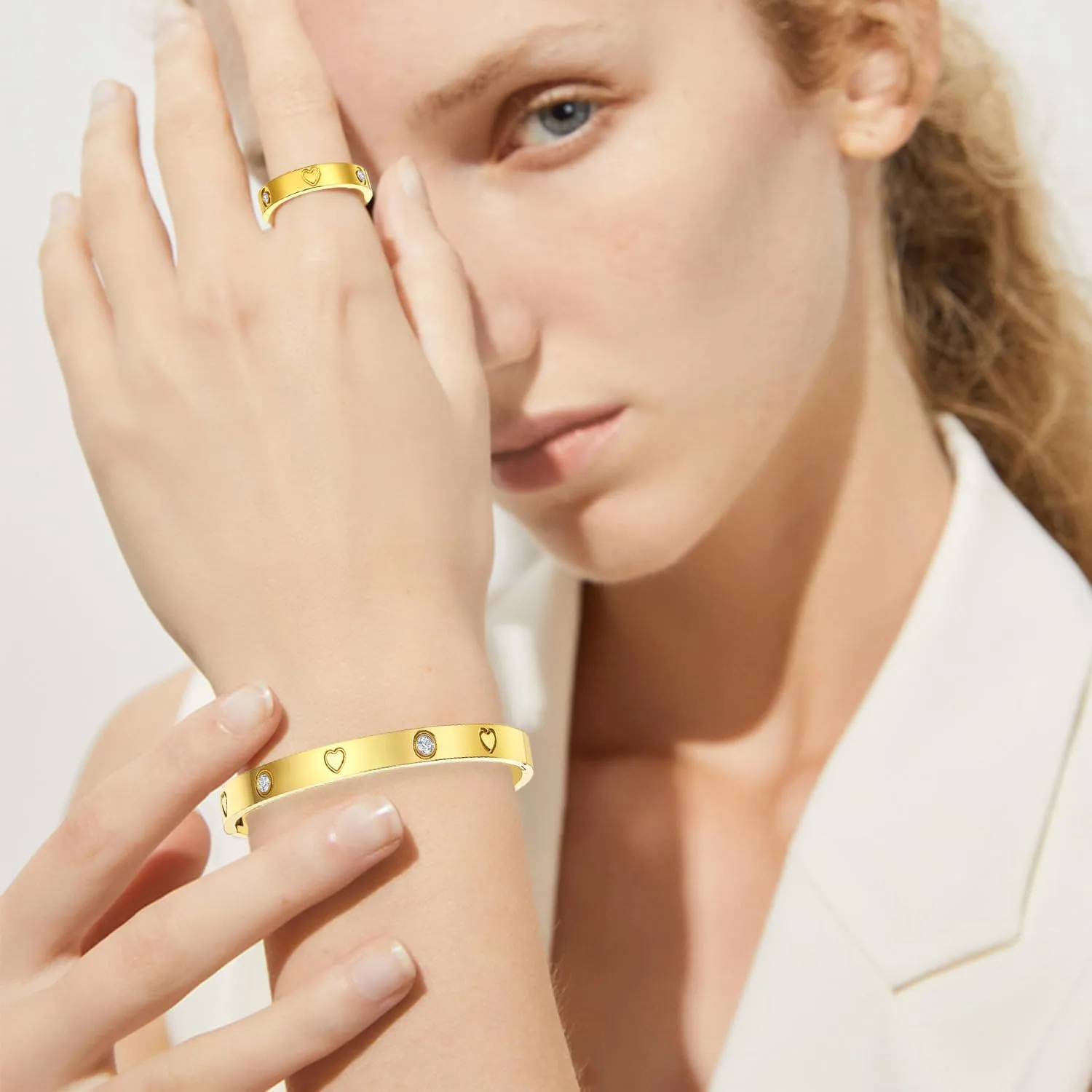 Love Friendship Gold Rings Bracelets for Women 18K Gold Plated Cubic Zirconia Stainless Steel Bangle Jewelry Set Gifts Ring Size 6-10