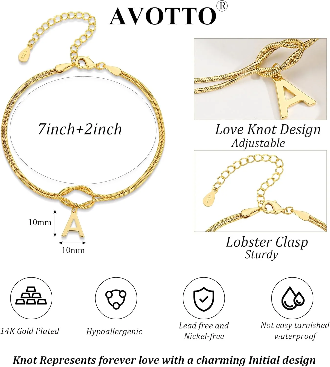 Love Knot Bracelet A-Z Letter Initial Bracelets for Women Adjustable Bond Knot Gold and S925 Silver Minimalist Bracelet Couples Friendship Lover Gift