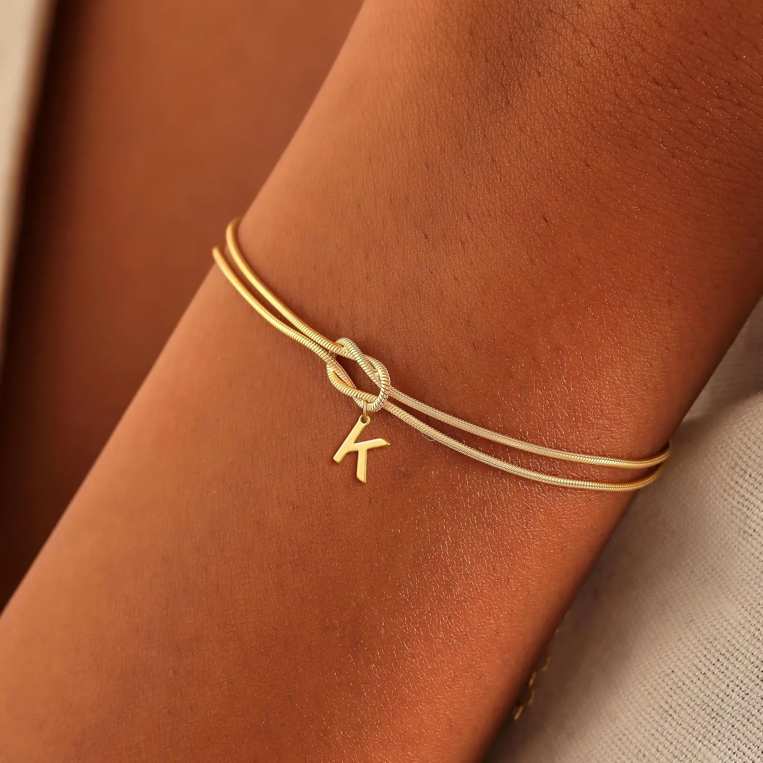 Love Knot Bracelet A-Z Letter Initial Bracelets for Women Adjustable Bond Knot Gold and S925 Silver Minimalist Bracelet Couples Friendship Lover Gift