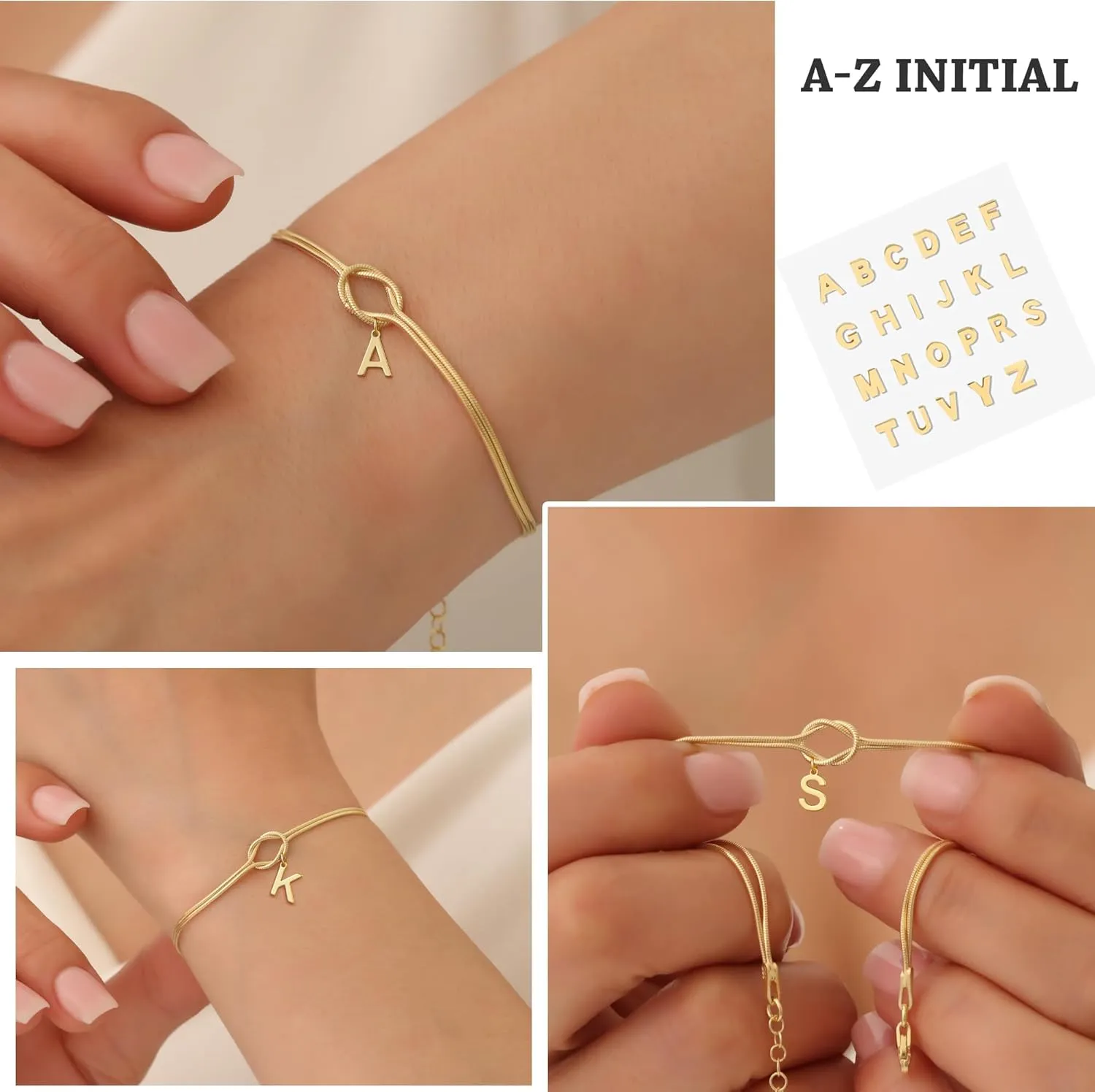 Love Knot Bracelet A-Z Letter Initial Bracelets for Women Adjustable Bond Knot Gold and S925 Silver Minimalist Bracelet Couples Friendship Lover Gift