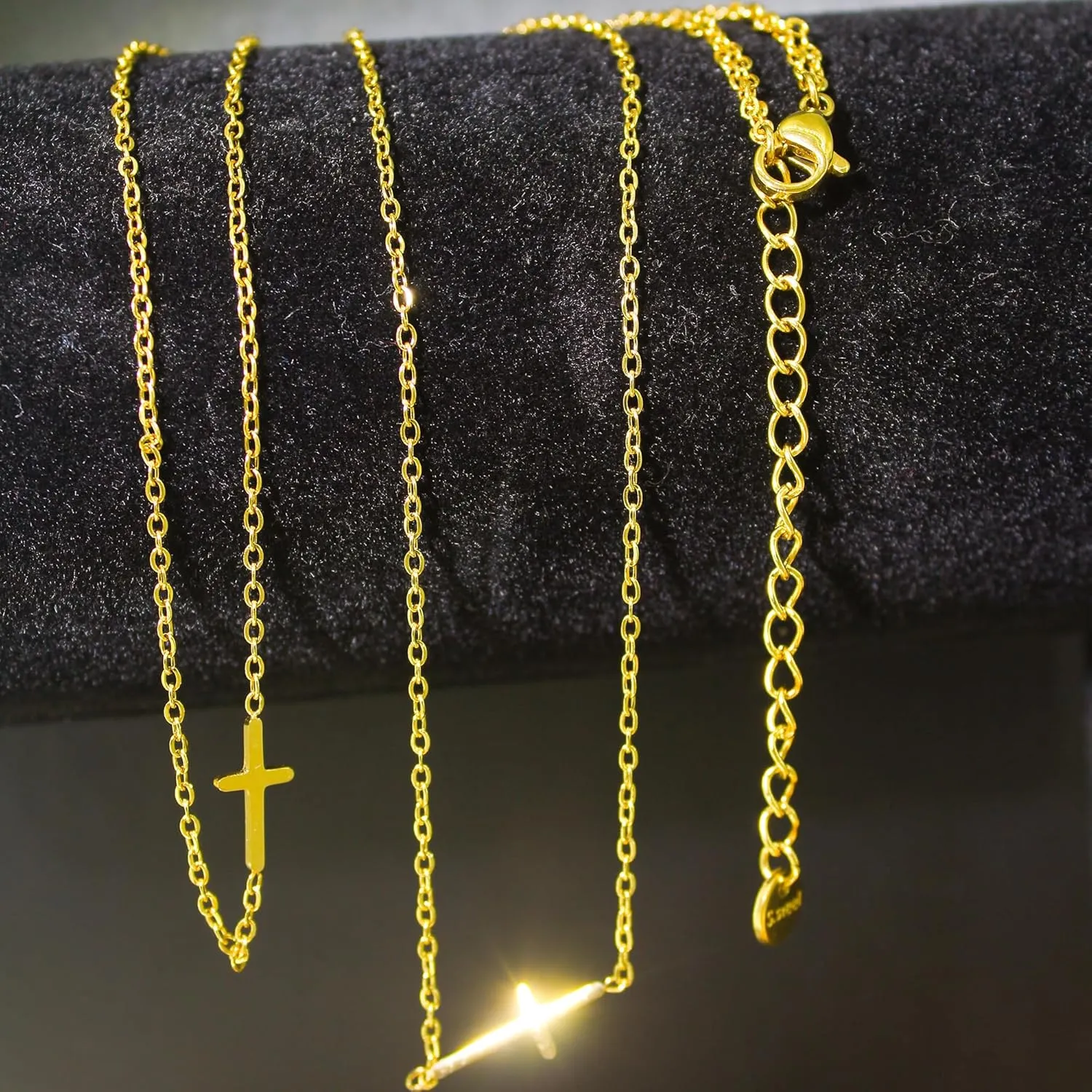 LOVOMEY Elegant Diamond Cross Necklace Set - Dainty 18K Gold Pendant With AAAA Cubic Zirconia, 2 Chains and 1 Pair of Cross Earrings