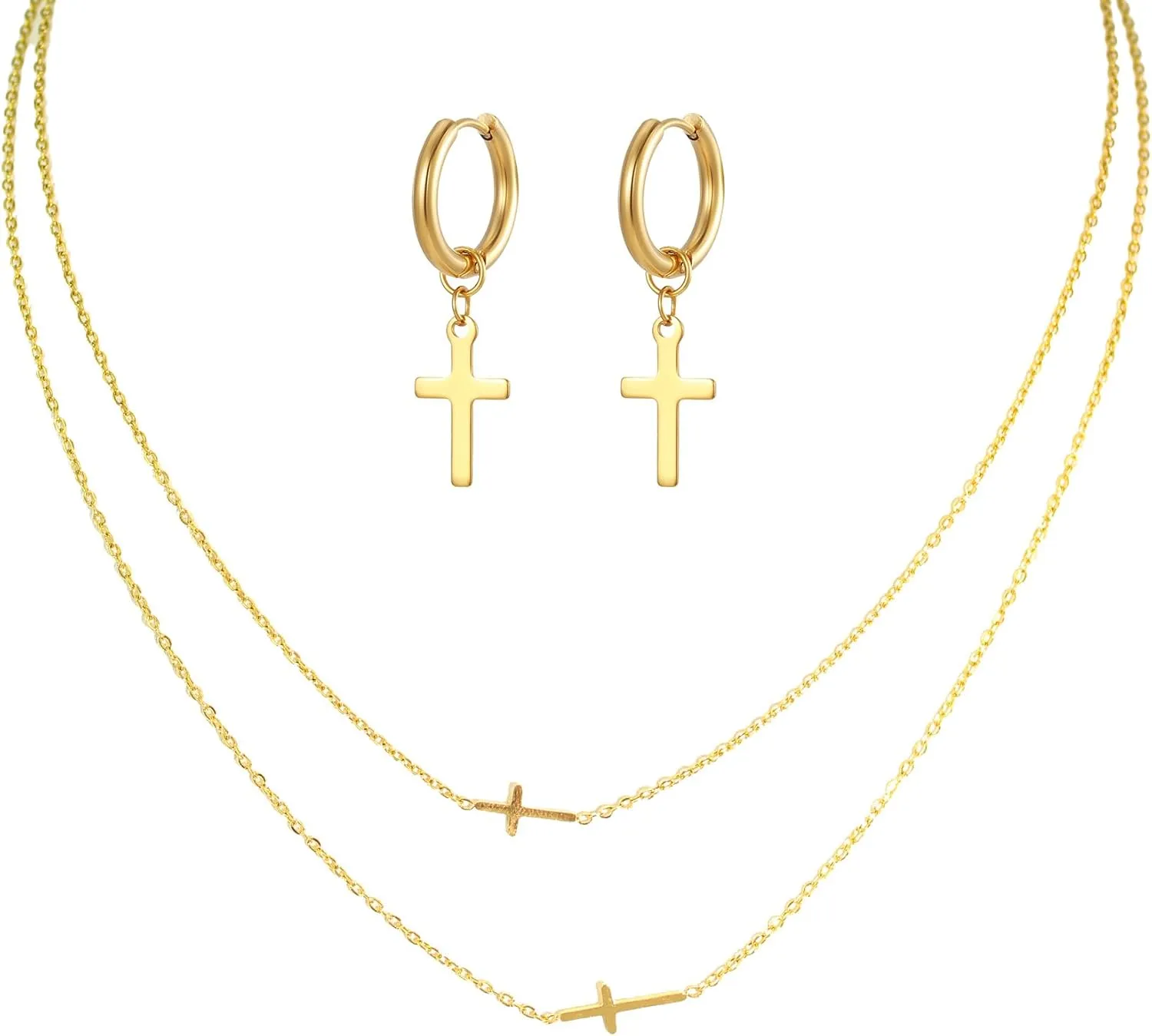 LOVOMEY Elegant Diamond Cross Necklace Set - Dainty 18K Gold Pendant With AAAA Cubic Zirconia, 2 Chains and 1 Pair of Cross Earrings