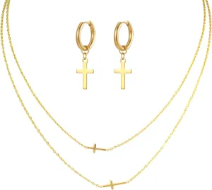 LOVOMEY Elegant Diamond Cross Necklace Set - Dainty 18K Gold Pendant With AAAA Cubic Zirconia, 2 Chains and 1 Pair of Cross Earrings