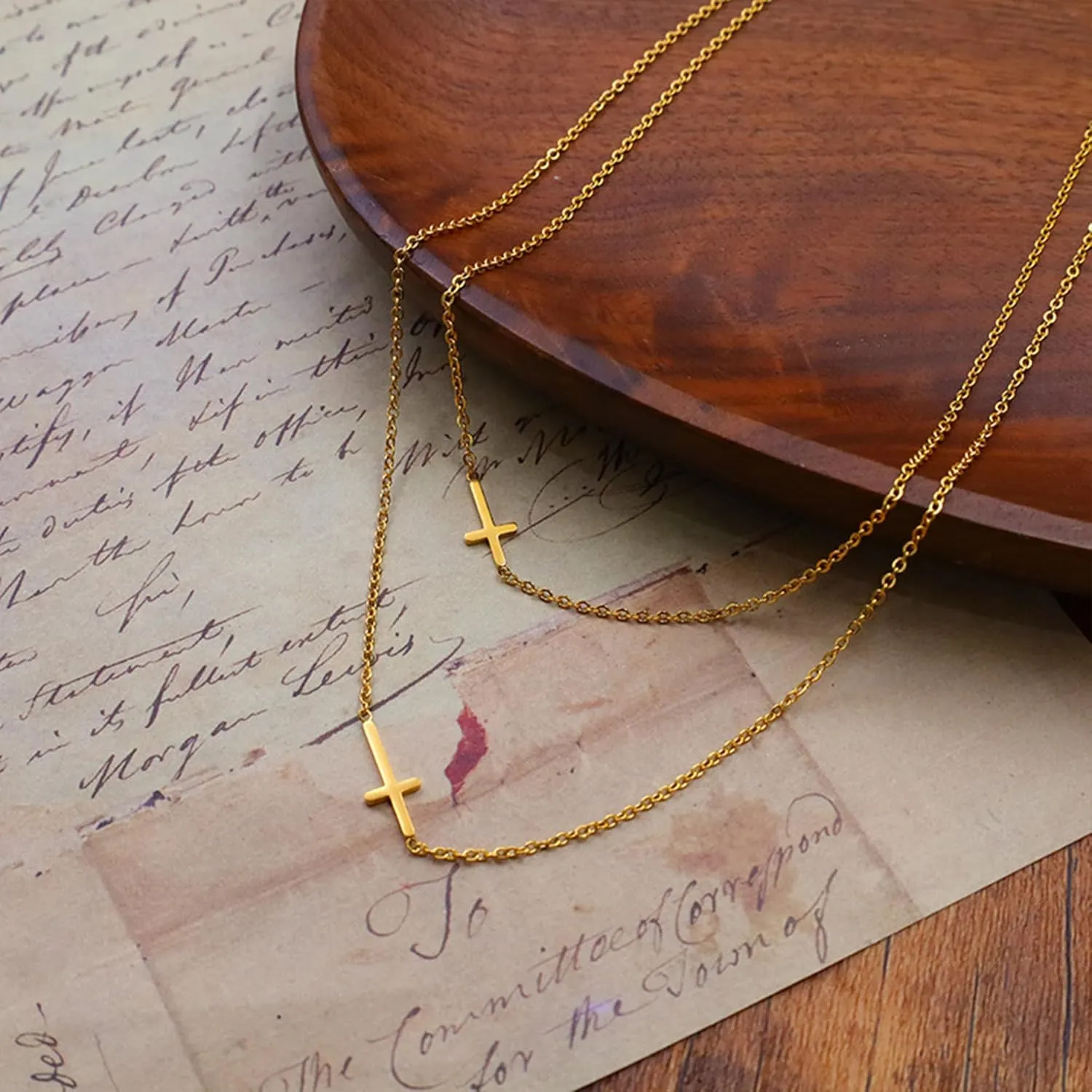 LOVOMEY Elegant Diamond Cross Necklace Set - Dainty 18K Gold Pendant With AAAA Cubic Zirconia, 2 Chains and 1 Pair of Cross Earrings