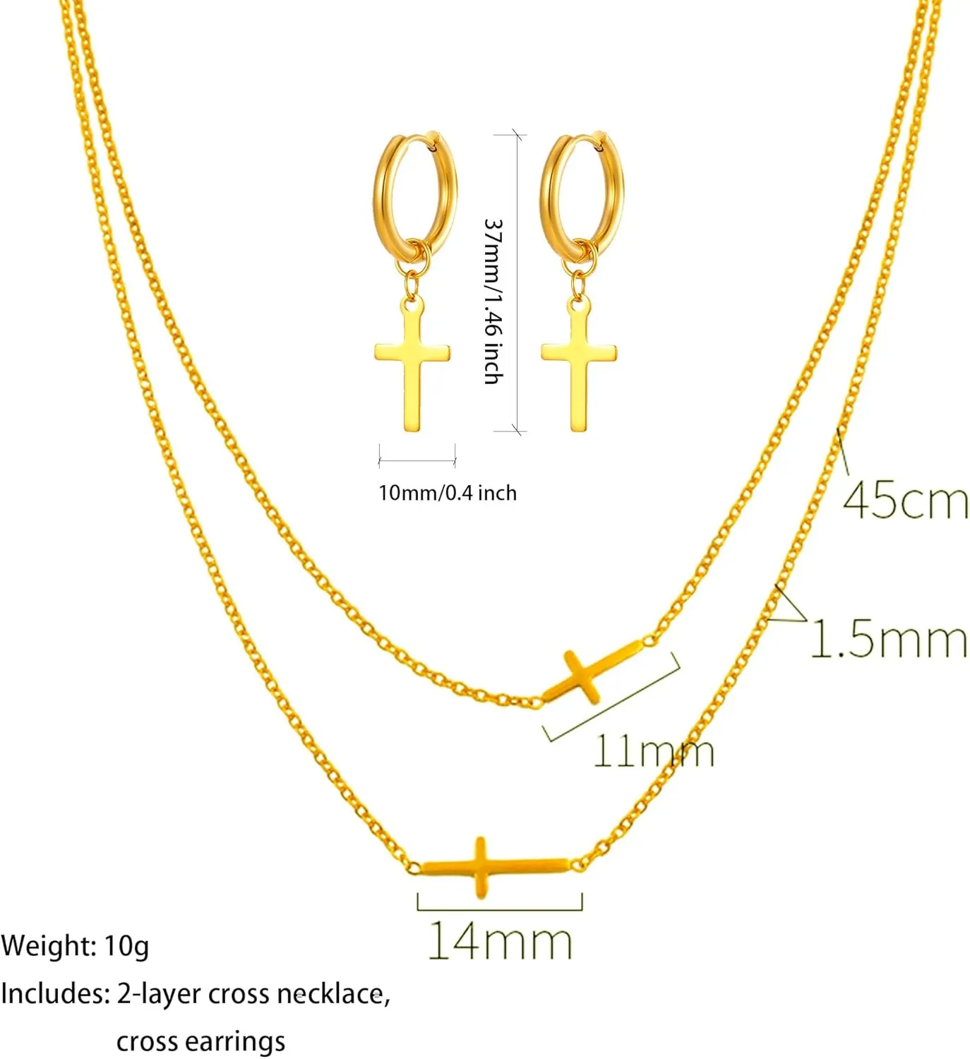 LOVOMEY Elegant Diamond Cross Necklace Set - Dainty 18K Gold Pendant With AAAA Cubic Zirconia, 2 Chains and 1 Pair of Cross Earrings