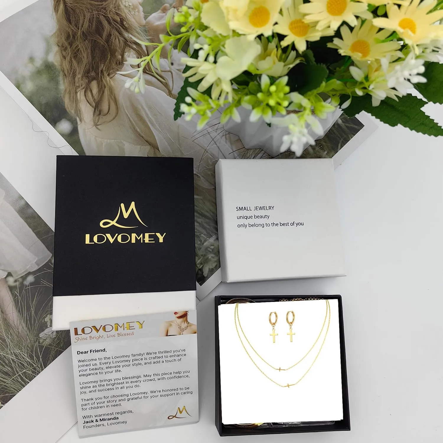 LOVOMEY Elegant Diamond Cross Necklace Set - Dainty 18K Gold Pendant With AAAA Cubic Zirconia, 2 Chains and 1 Pair of Cross Earrings