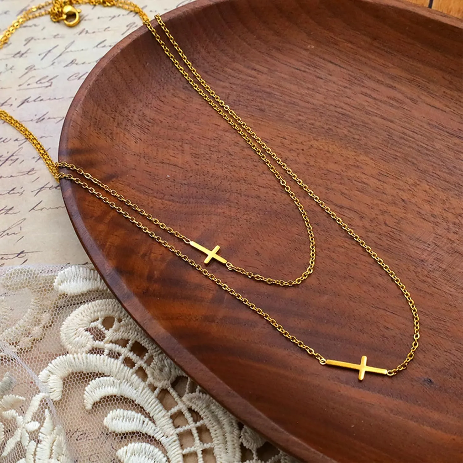 LOVOMEY Elegant Diamond Cross Necklace Set - Dainty 18K Gold Pendant With AAAA Cubic Zirconia, 2 Chains and 1 Pair of Cross Earrings