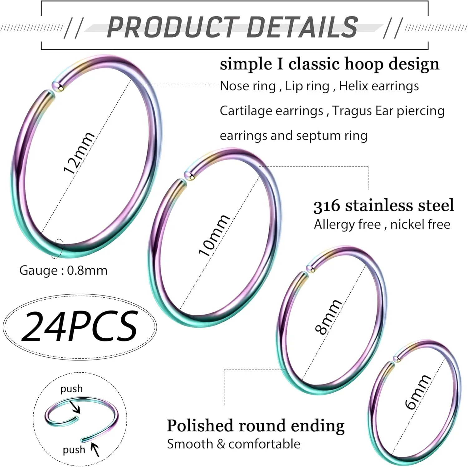 LOYALLOOK 18/24Pcs Hypoallergenic Nose Rings Hoops 316L Surgical Stainless Steel Lightweight Small Piercing Jewelry for Women Men Cartilage Tragus Helix