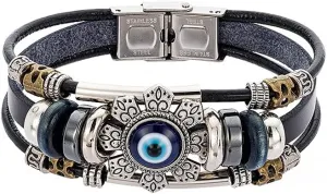 Lucky Eye Turkish for Evil Eye Bracelets For Men Women Punk Style Flower Handmade Jewelry Multilayer Black Leather Bangl