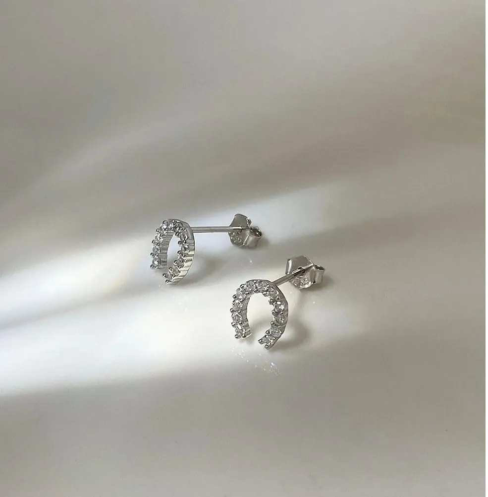 Lucky Horseshoe S925 Sterling Silver Small Stud Earrings for Women Cubic Zirconia Dainty Elegant Good Luck U Shape Hypoallergenic Tiny Mini Cartilage Earring CZ Cute Fashion Jewelry Animal Horse Lover Gifts