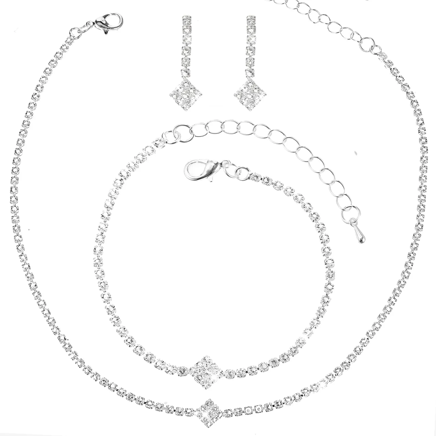 Lusofie 3-Piece Bridal Jewelry Set - Sparkling Cubic Zirconia Necklace Earrings Bracelet | Elegant Wedding Jewelry for Bride, Bridesmaids & Mothers | Rhinestone Party Set for Women (Silver)