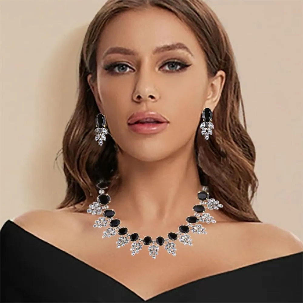 Lux Statment Necklace Leaf Crystal Choker Eveing Dress Brial Jewelry Necklace Earrings Set for Women