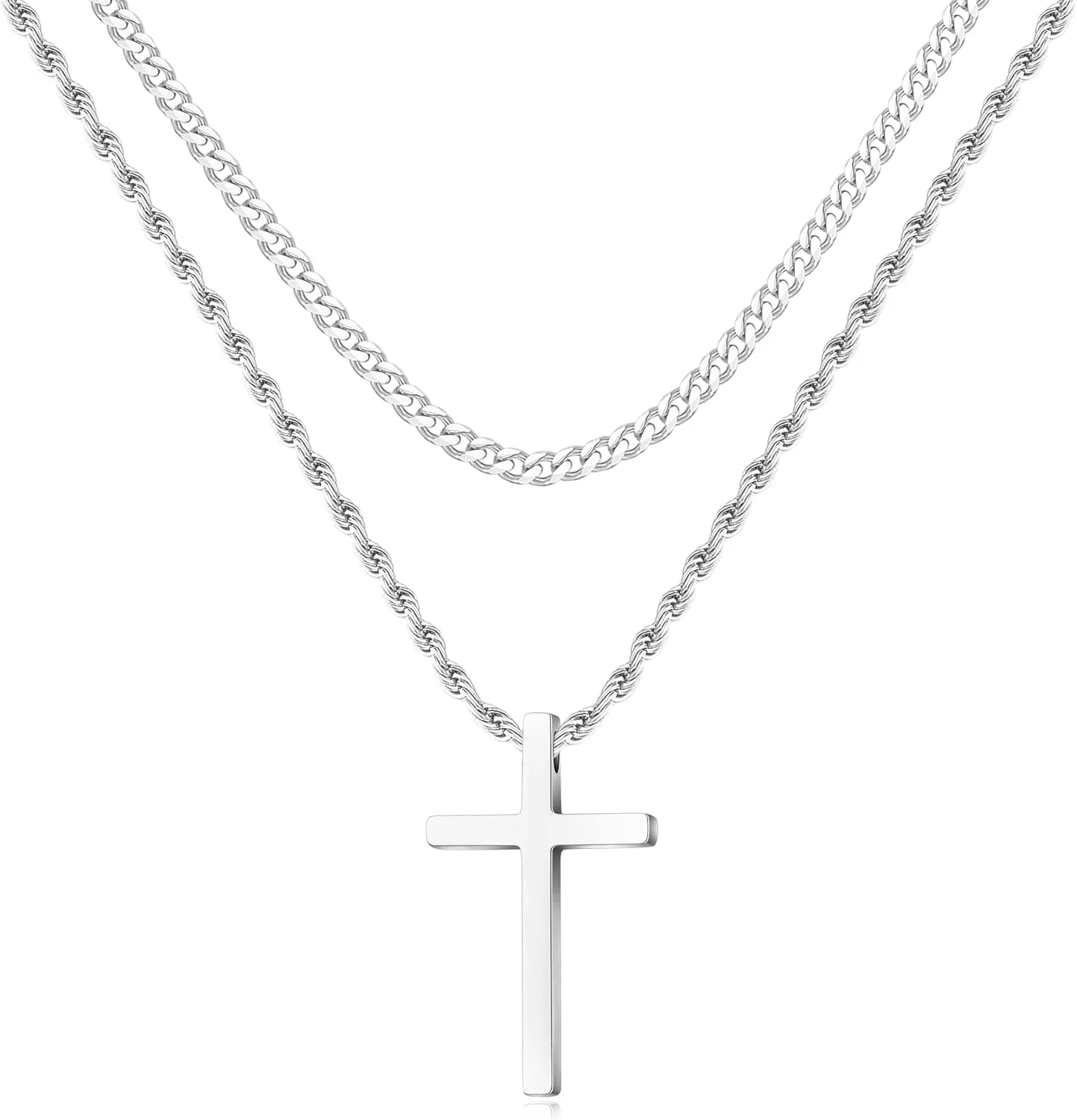 LUXEJEW Silver Cross Necklace for Men, Mens Necklace Stainless Steel Cuban Link Chain Rope Chain Cross Pendant Necklaces for Men 20 Inches Baptism Communion Confirmation Christian Jewelry Gifts
