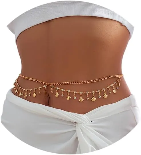 Luxury Rhinestone Tassel Pendant Waist Chain Belt Sexy Butterfly Shell Belly Body Chain Bikini Crystal Copper Sequin Waist Chain Summer Star Body Accessory Jewelry for Women