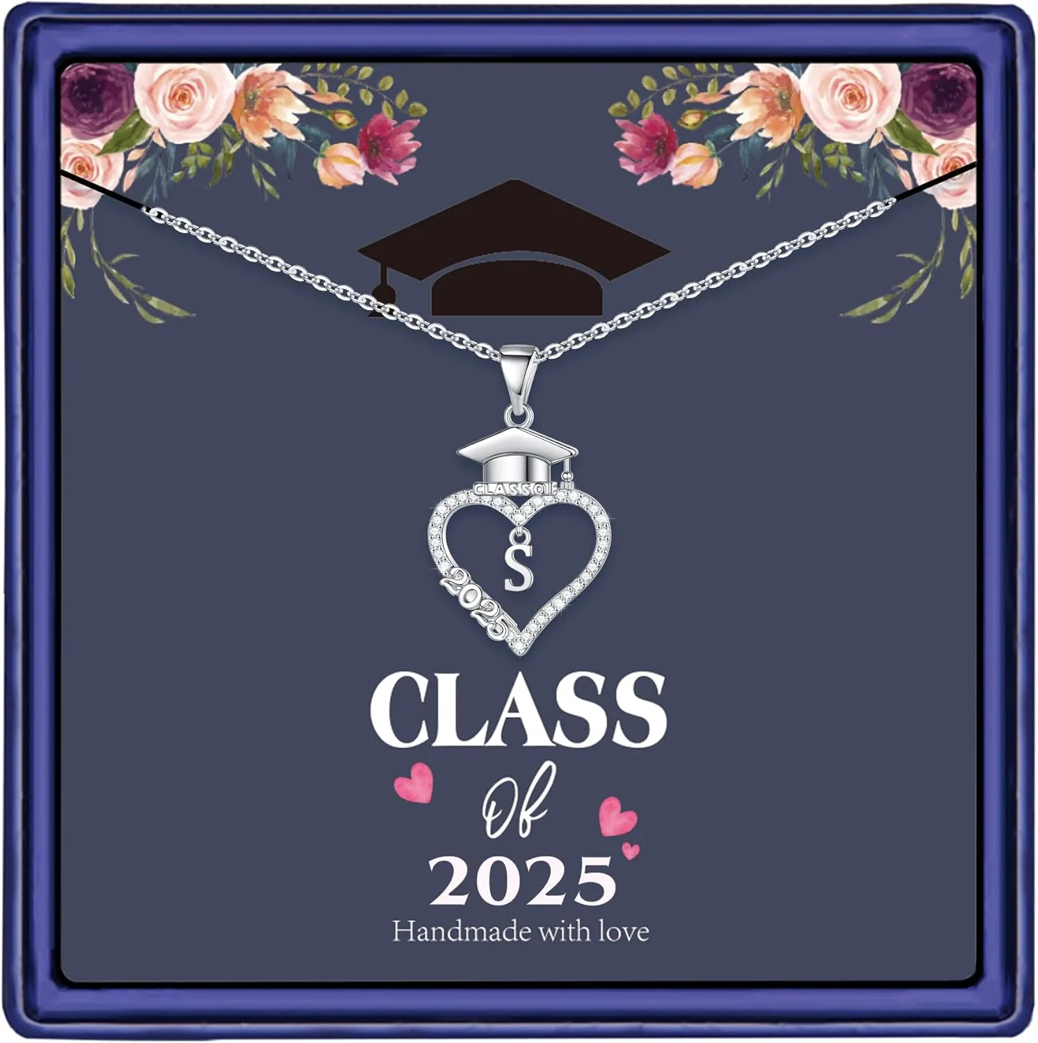 M MOOHAM Graduation Gifts for Her 2025, 14K White Gold Plated CZ Graduation Cap Heart Pendant Initial Necklaces for Women Teen Girls High School College Graduation Gifts for Her