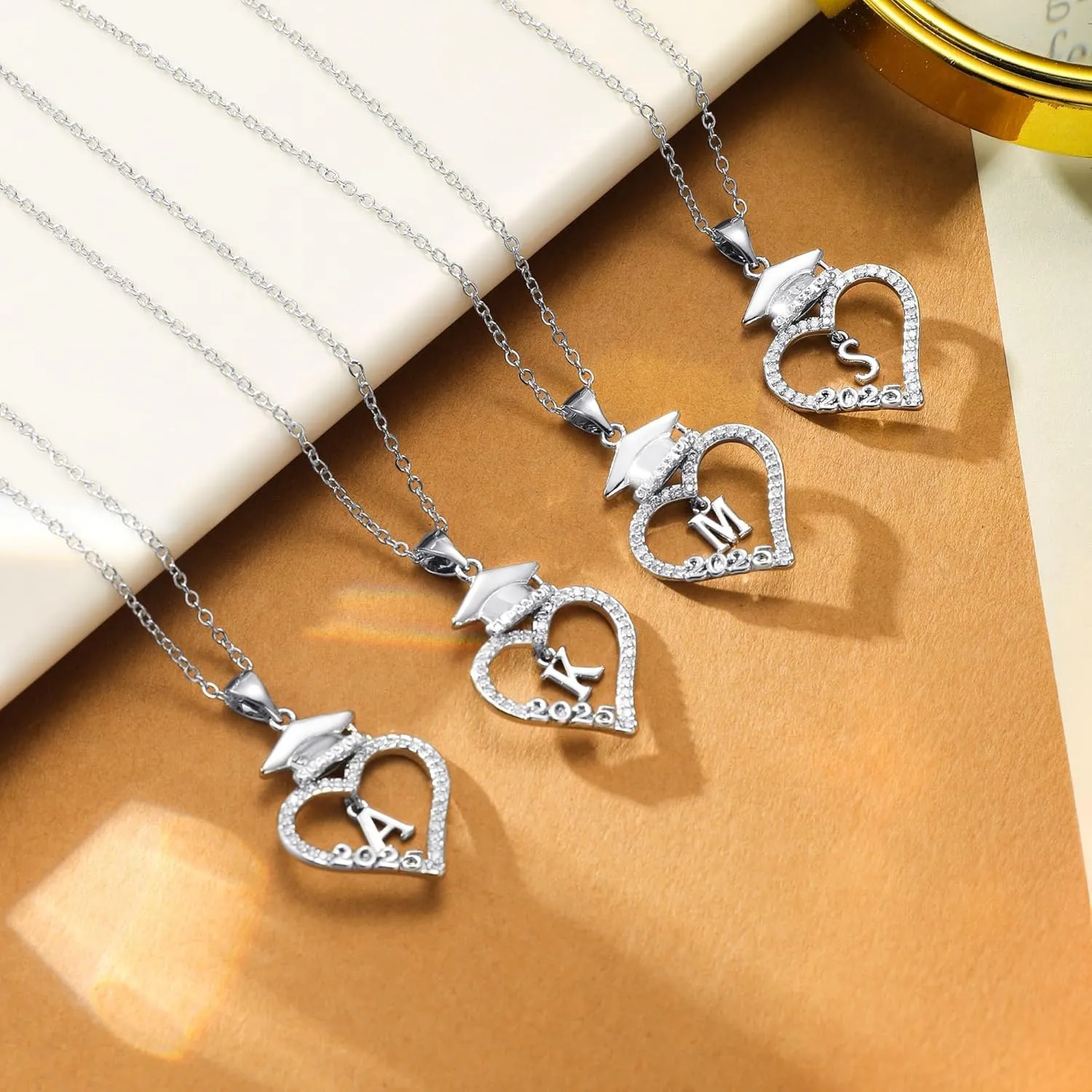 M MOOHAM Graduation Gifts for Her 2025, 14K White Gold Plated CZ Graduation Cap Heart Pendant Initial Necklaces for Women Teen Girls High School College Graduation Gifts for Her
