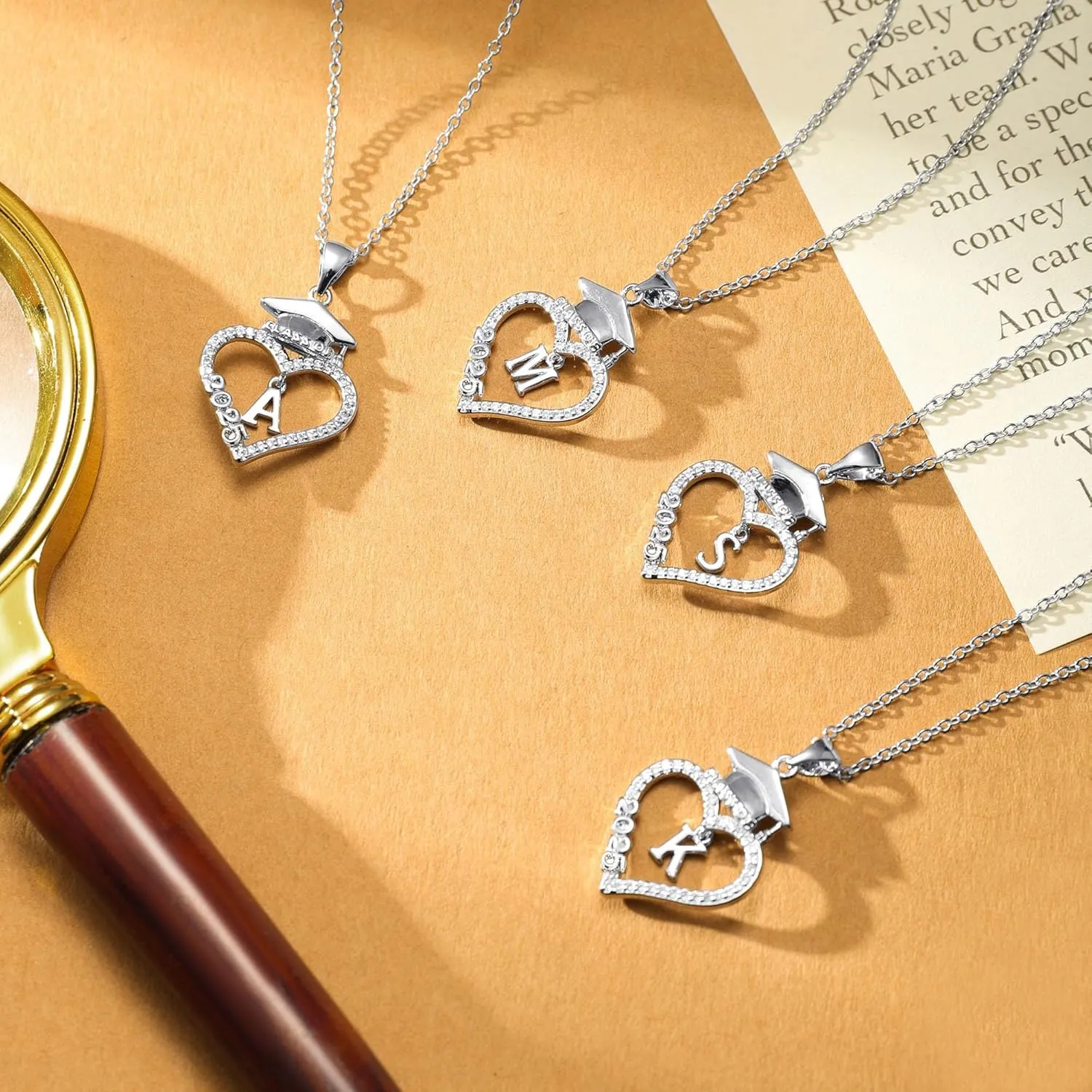 M MOOHAM Graduation Gifts for Her 2025, 14K White Gold Plated CZ Graduation Cap Heart Pendant Initial Necklaces for Women Teen Girls High School College Graduation Gifts for Her