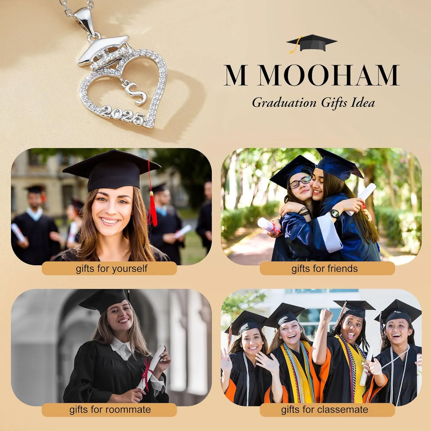M MOOHAM Graduation Gifts for Her 2025, 14K White Gold Plated CZ Graduation Cap Heart Pendant Initial Necklaces for Women Teen Girls High School College Graduation Gifts for Her
