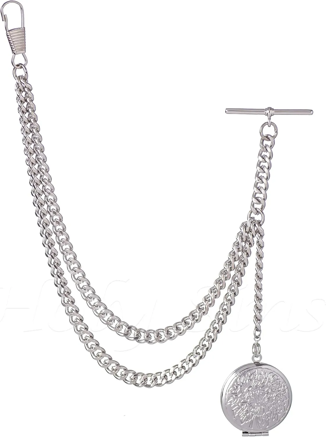 Made in The UK Silver Colour Albert Pocket Watch Chain with Locket Pendant