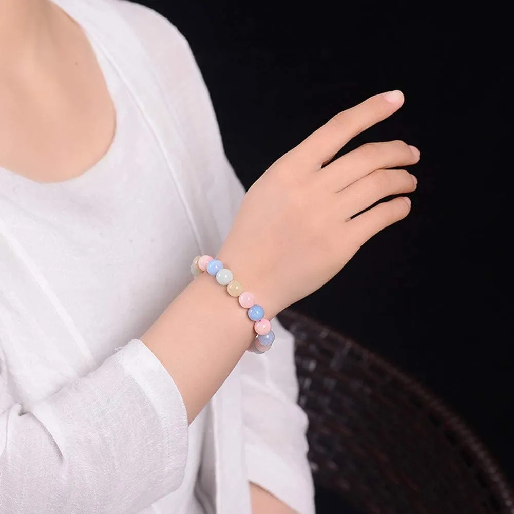 Mala Meditation Buddhist Prayer Beads Necklace, Bracelet, 10MM Crystal Bracelet Morgan Stone/Pink Crystal Aquamarine Buddhist Prayer Beads Mala Elastic Tibetan Meditation Jewelry (Color : A)