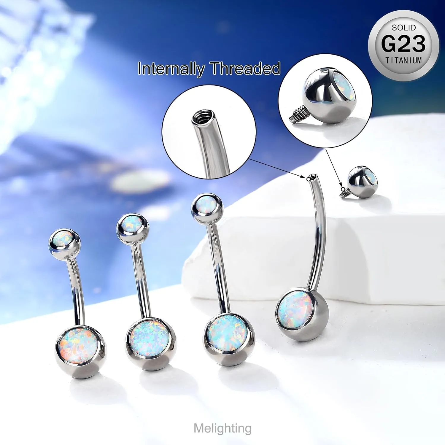 Melighting Titanium Belly Button Ring 14G Opal Belly Ring Internally Threaded G23 Titanium Belly Piercing Hoop Opal Navel Barbell Body Piercing Jewelry