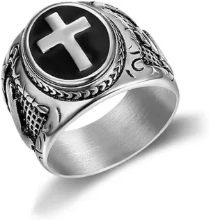 Men Ring Stainless Steel Religious Prayer Holy Cross Ring with Black Enamel Christian Jewelry Gifts Size 8-12