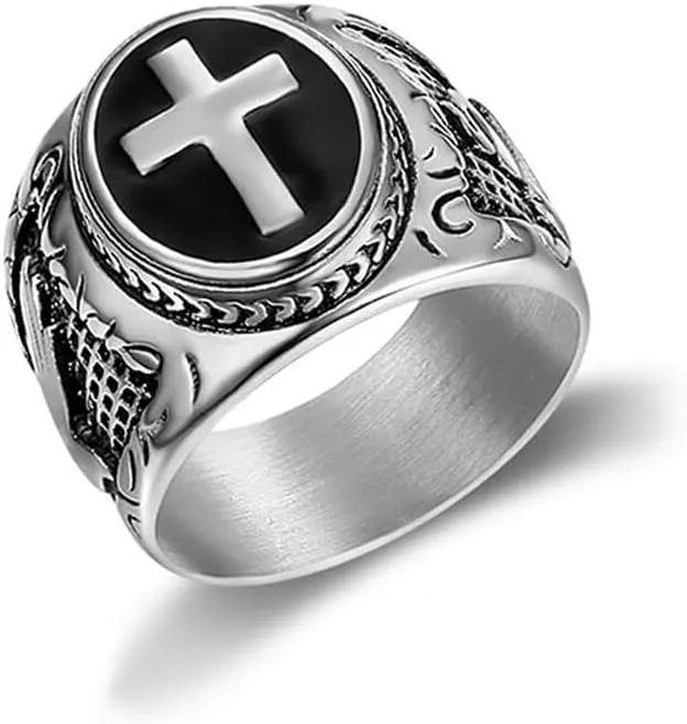 Men Ring Stainless Steel Religious Prayer Holy Cross Ring with Black Enamel Christian Jewelry Gifts Size 8-12