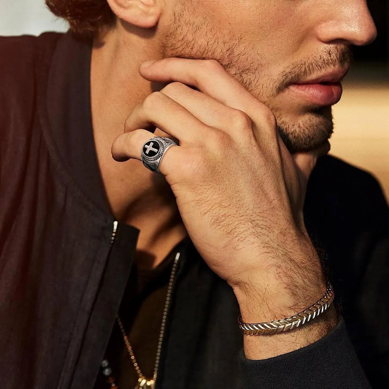 Men Ring Stainless Steel Religious Prayer Holy Cross Ring with Black Enamel Christian Jewelry Gifts Size 8-12