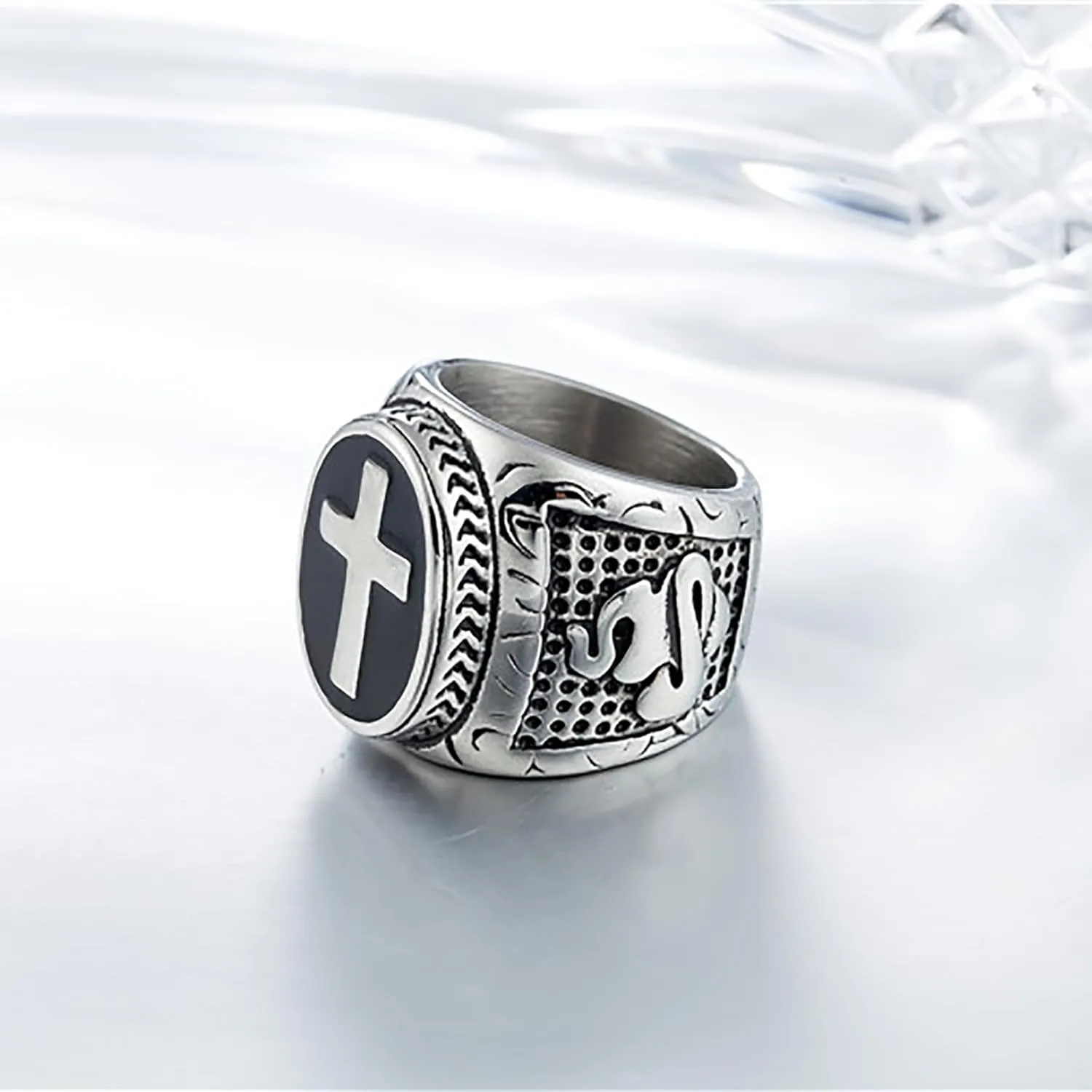 Men Ring Stainless Steel Religious Prayer Holy Cross Ring with Black Enamel Christian Jewelry Gifts Size 8-12