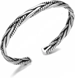Men Silver Cuff Bracelet Jewelry Retro Twisted Braided Open Bracelet
