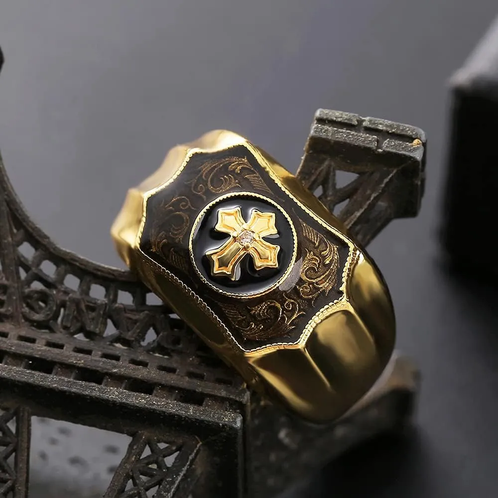 Men's 18K Gold Plated Comfort ring, Faith and Strength Ring Christian Holy Bible Cross Ring Retro Men's Anniversary Jewelry Gifts Birthday Gift