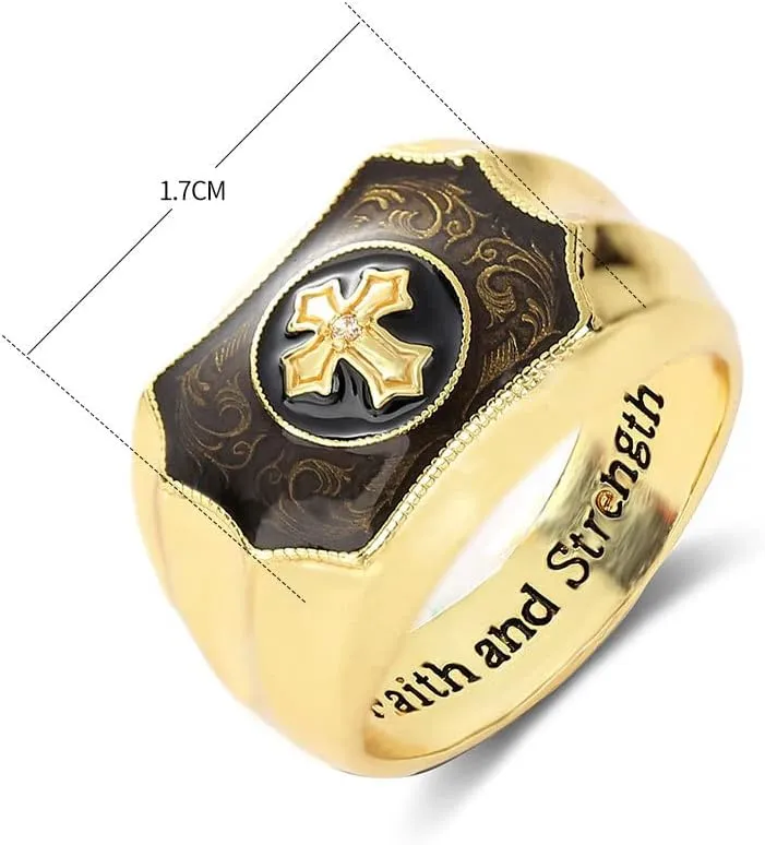 Men's 18K Gold Plated Comfort ring, Faith and Strength Ring Christian Holy Bible Cross Ring Retro Men's Anniversary Jewelry Gifts Birthday Gift