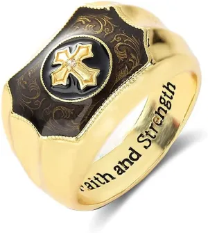 Men's 18K Gold Plated Comfort ring, Faith and Strength Ring Christian Holy Bible Cross Ring Retro Men's Anniversary Jewelry Gifts Birthday Gift