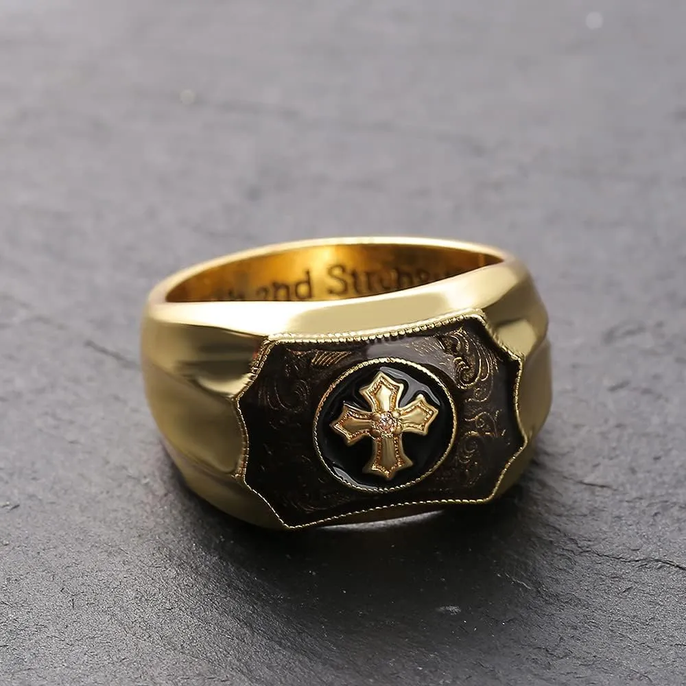 Men's 18K Gold Plated Comfort ring, Faith and Strength Ring Christian Holy Bible Cross Ring Retro Men's Anniversary Jewelry Gifts Birthday Gift